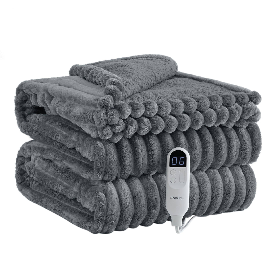 Gray striped flannel heated blanket, folded with sherpa reverse and controller set to 06.