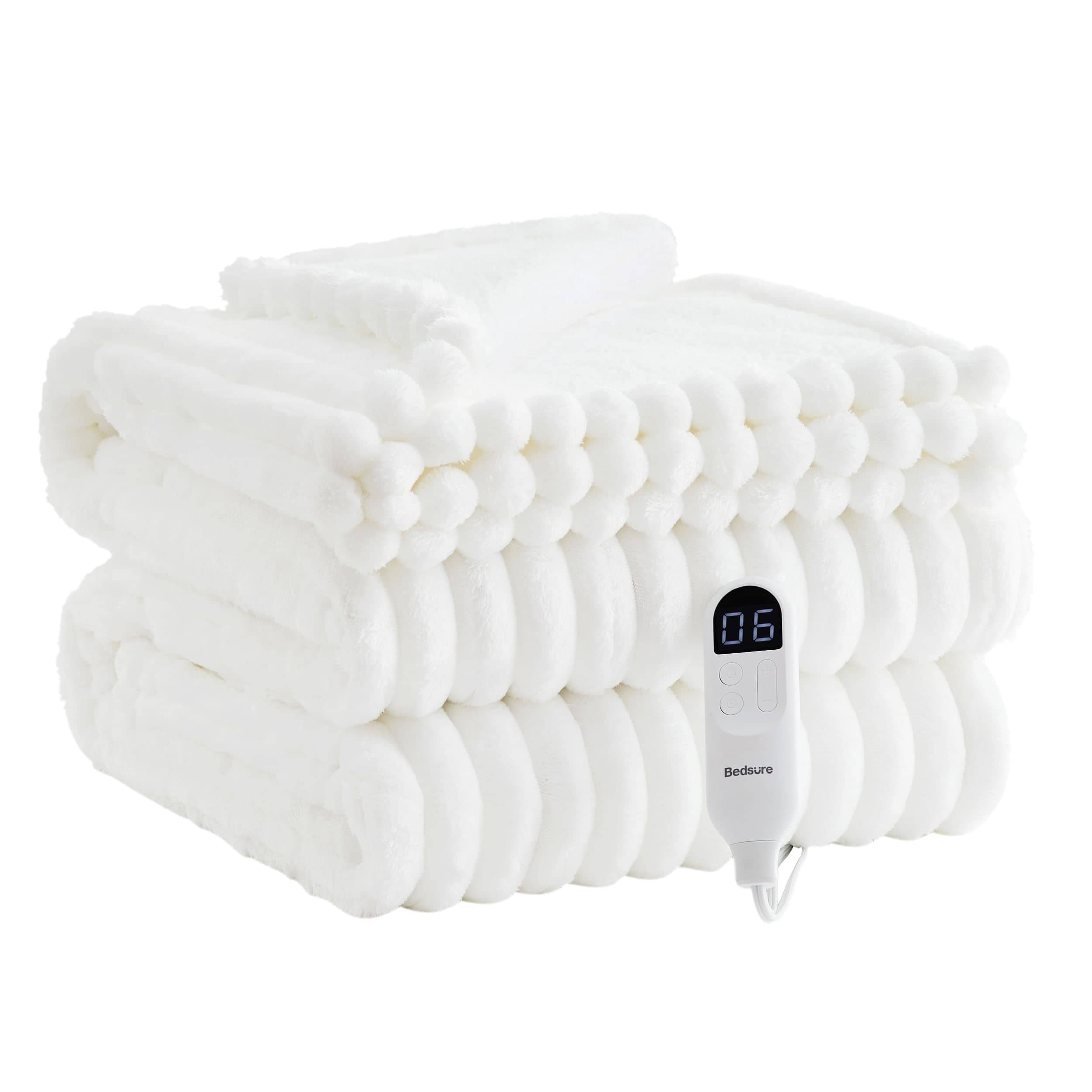 White striped flannel heated blanket folded, showing plush texture and white controller set to level 06.