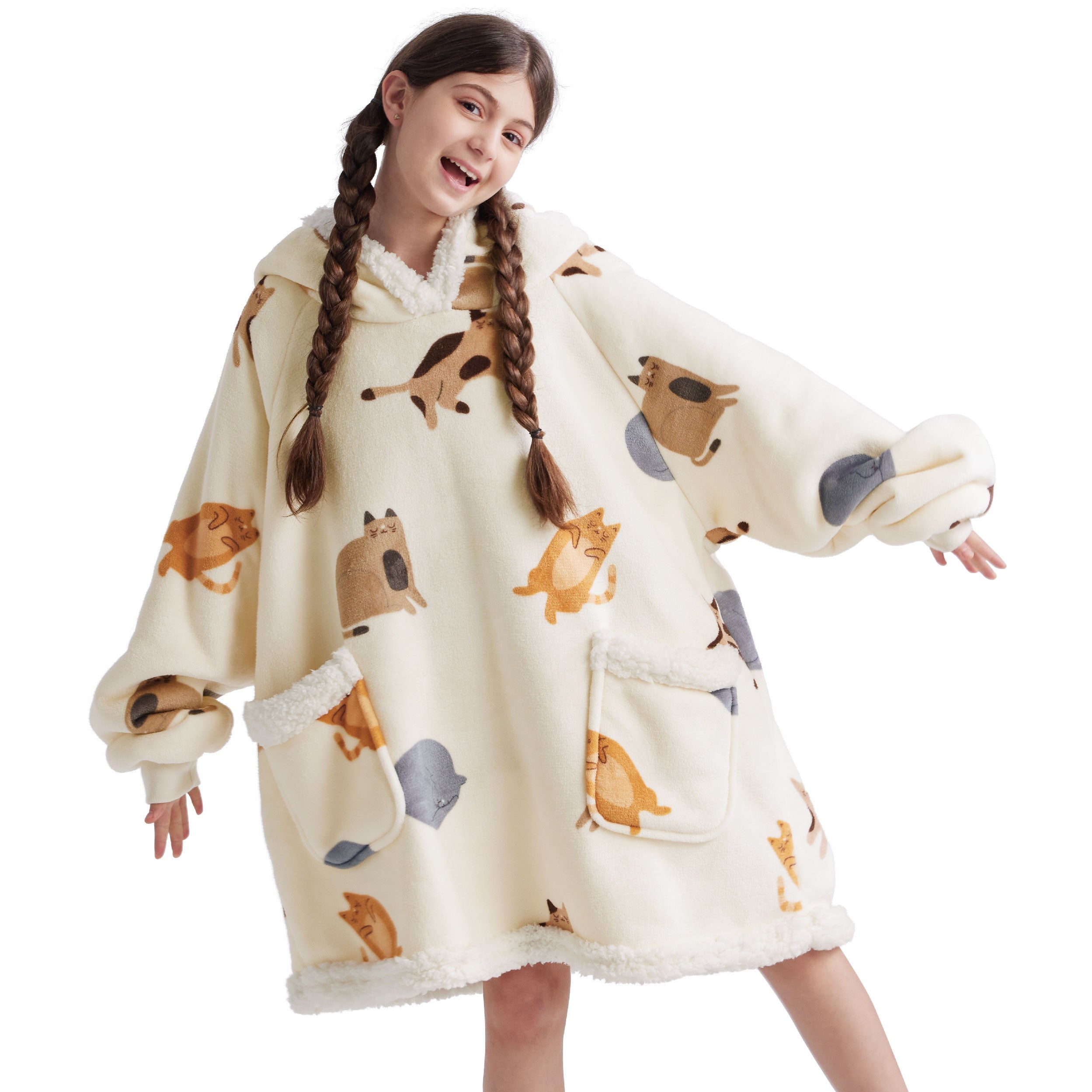 Cream short sherpa wearable blanket hoodie with cat print, sherpa hood, and pockets.