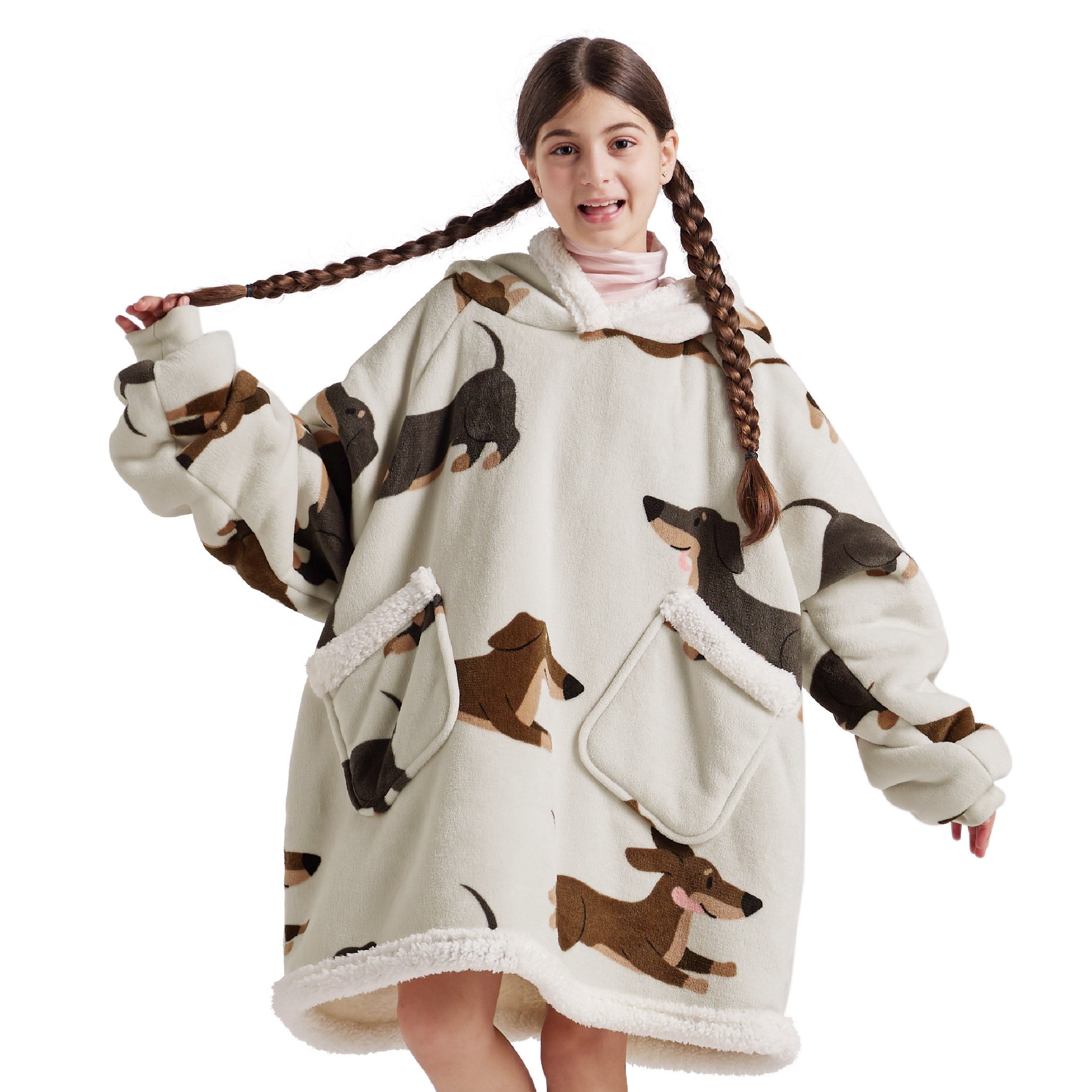 Cream GentleSoft Sherpa Fleece wearable blanket hoodie with a dachshund print, soft sherpa-lined hood, and front pocket.