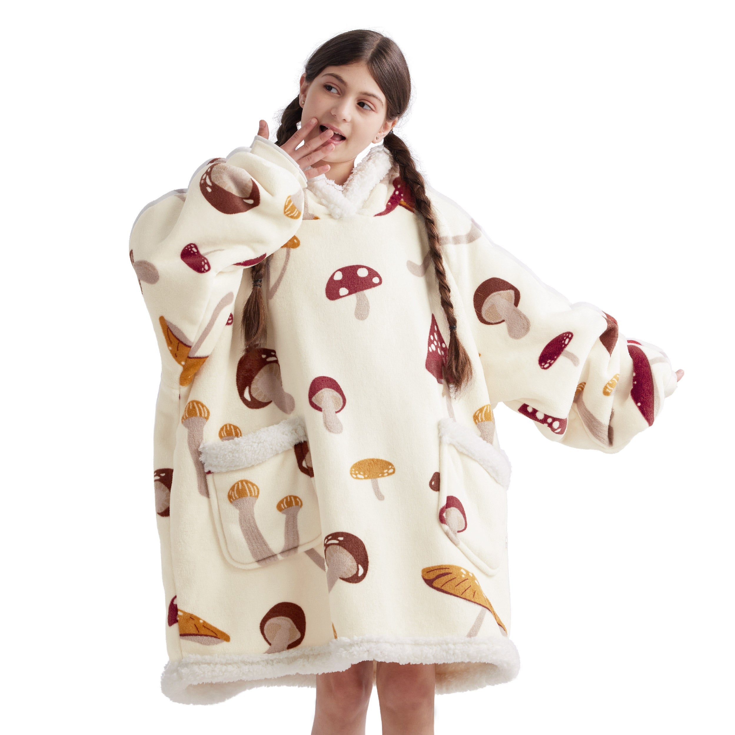 Cream short sherpa wearable blanket hoodie with playful mushroom print, sherpa hood, and pockets.