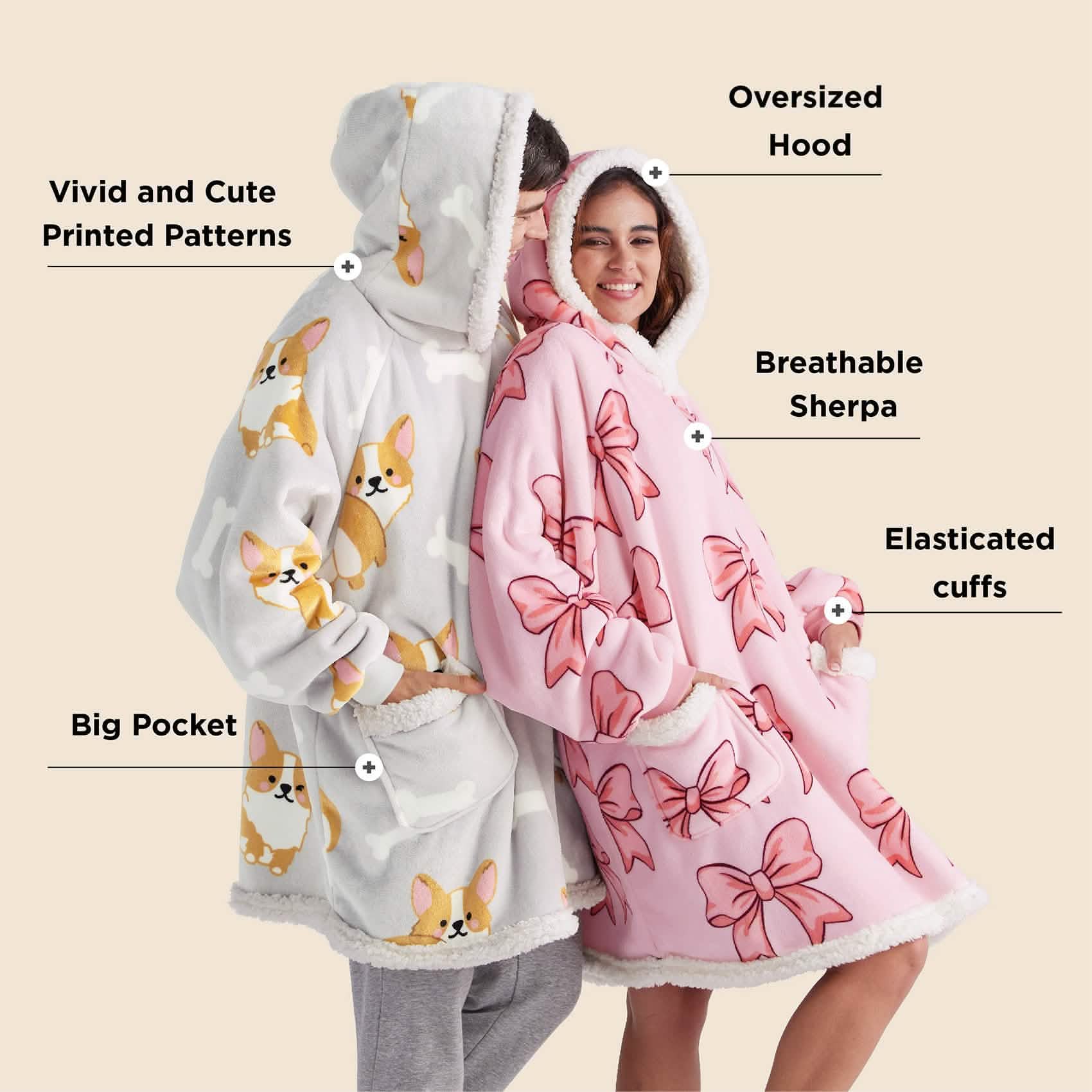 Sherpa Fleece Printed Short Blanket Hoodie