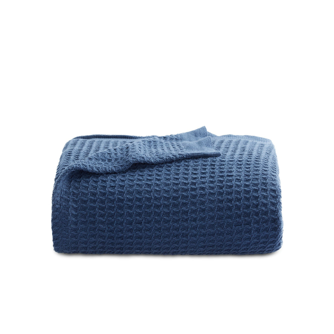 GentleSoft Cotton Waffle Weave Blanket in deep blue, showcasing its soft texture and 3D grid pattern.