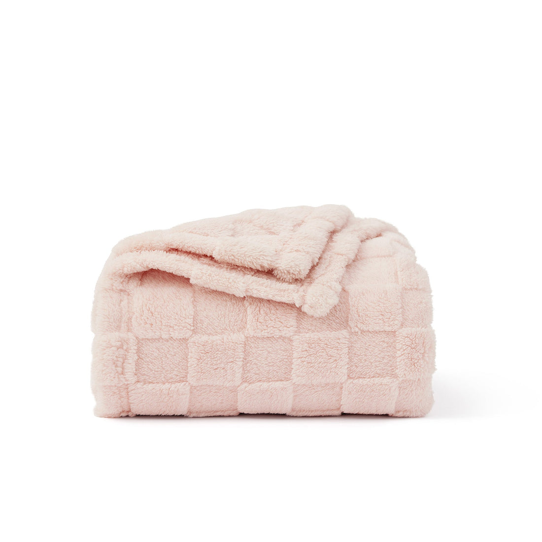 GentleSoft Jacquard Sherpa Blanket in light pink, folded to show plush texture and checkerboard weave.