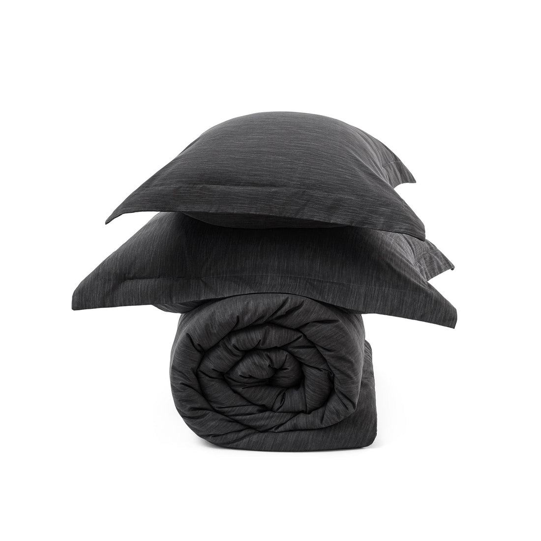 Dark gray GentleSoft comforter set, includes rolled comforter and two pillow shams with dual-tone texture.