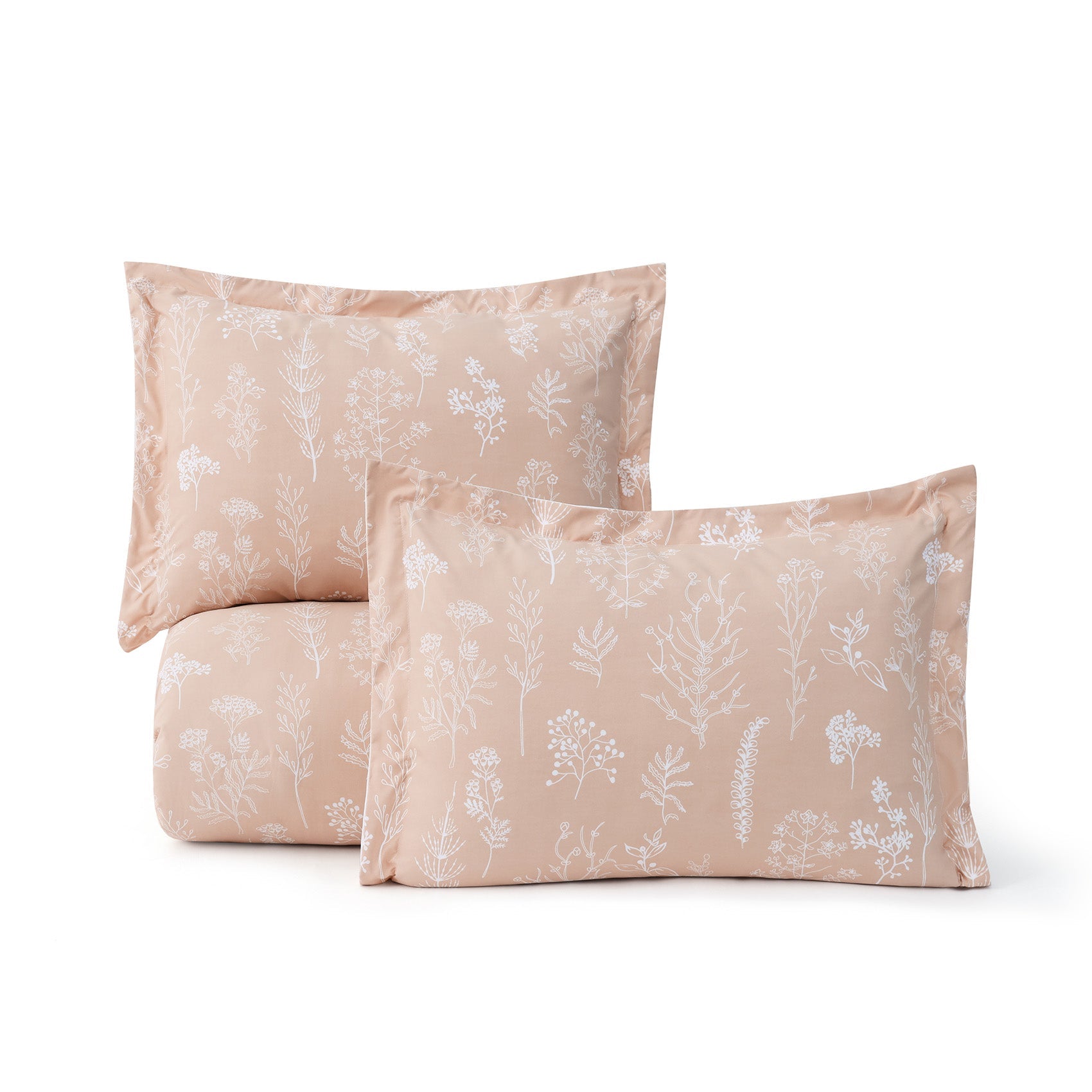GentleSoft Floral Comforter Set with delicate white botanical print on peach background, includes comforter and two shams.