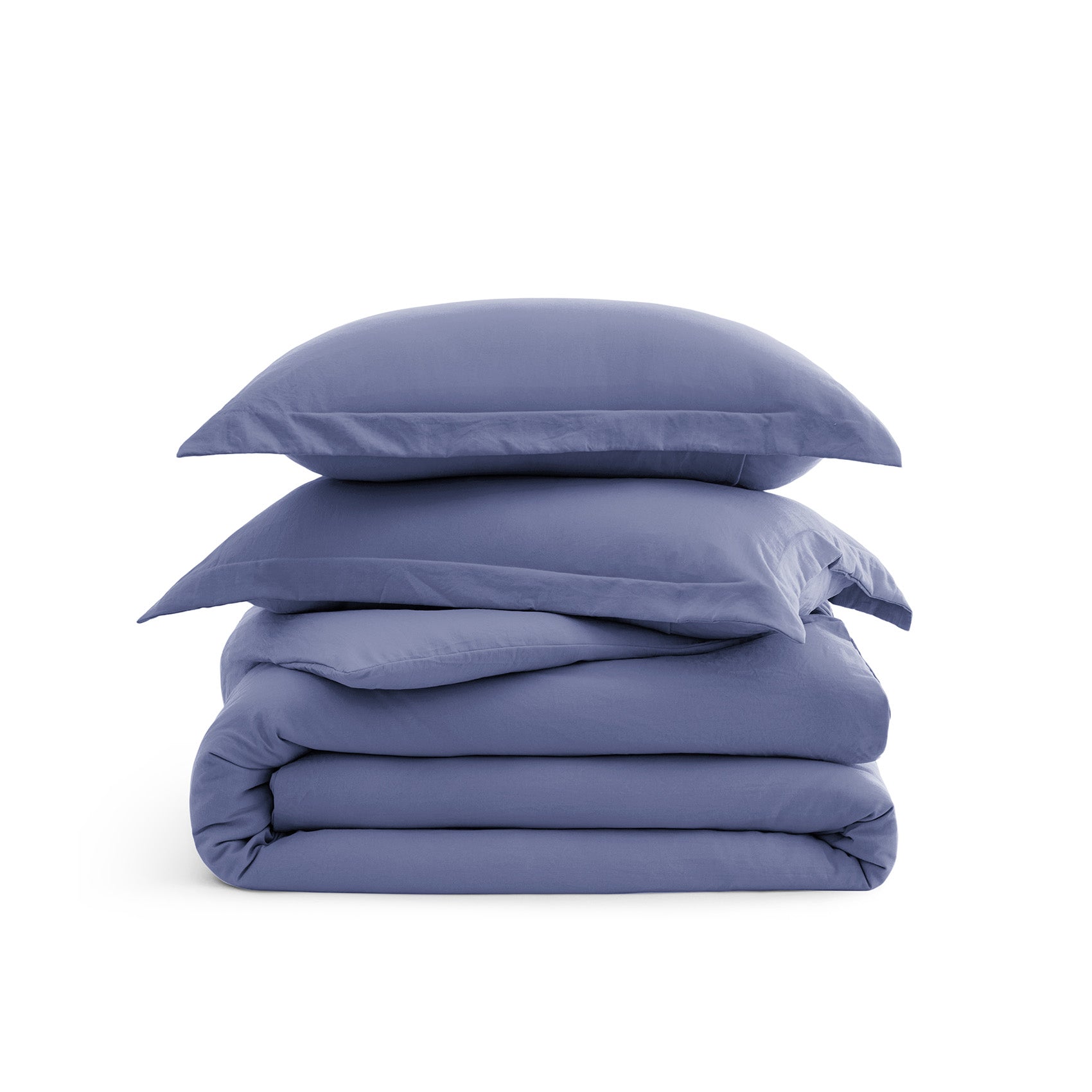 Stack of folded lavender GentleSoft Ultra Soft microfiber duvet cover and pillow shams on white background, product display.