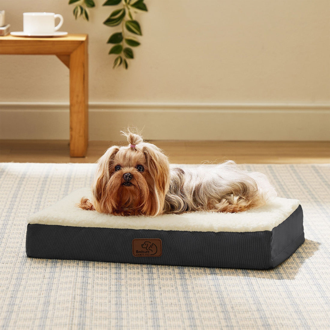 Small fluffy dog with pink bow relaxing on a large gray and cream orthopedic dog bed.