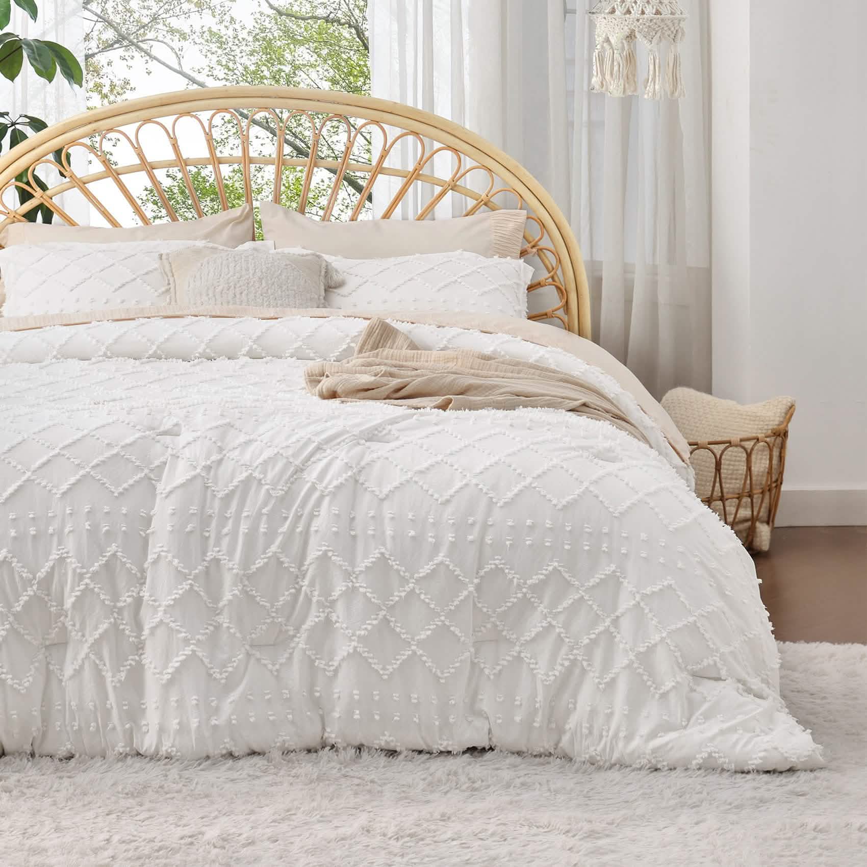 GentleSoft white tufted diamond comforter set with boho-chic bedroom aesthetic on product page.