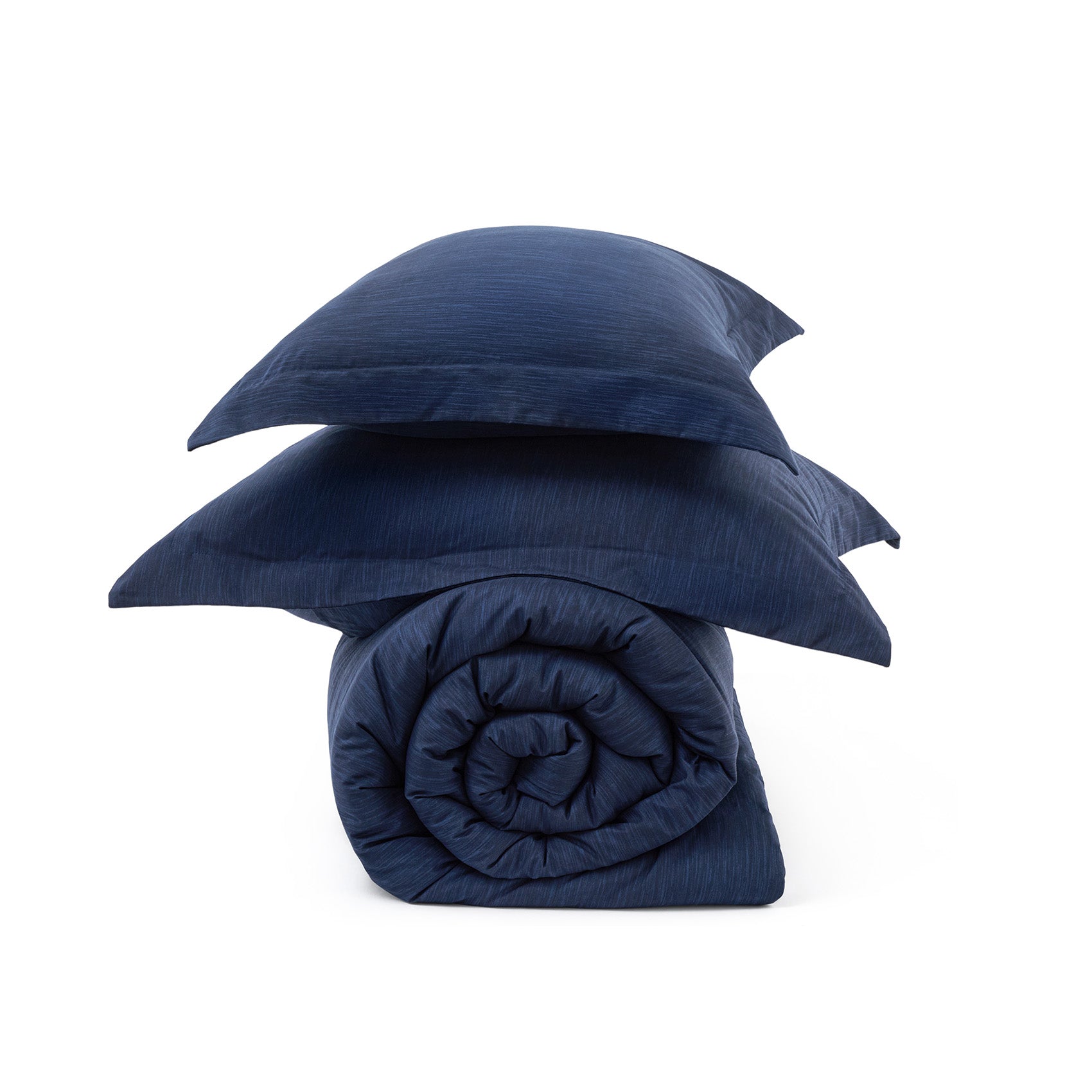 Navy blue GentleSoft comforter set with dual-tone texture, includes rolled comforter and two shams.