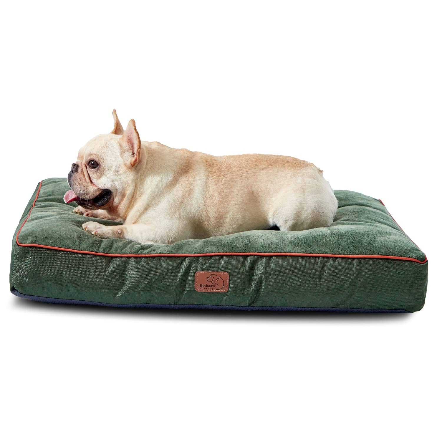 Plush waterproof dog bed in deep green with coral piping, featuring a French Bulldog resting comfortably on it.