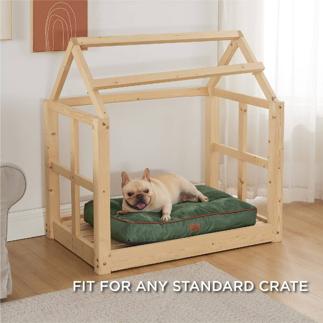 Plush waterproof dog bed in deep green with coral piping, featuring a French Bulldog resting comfortably on it.