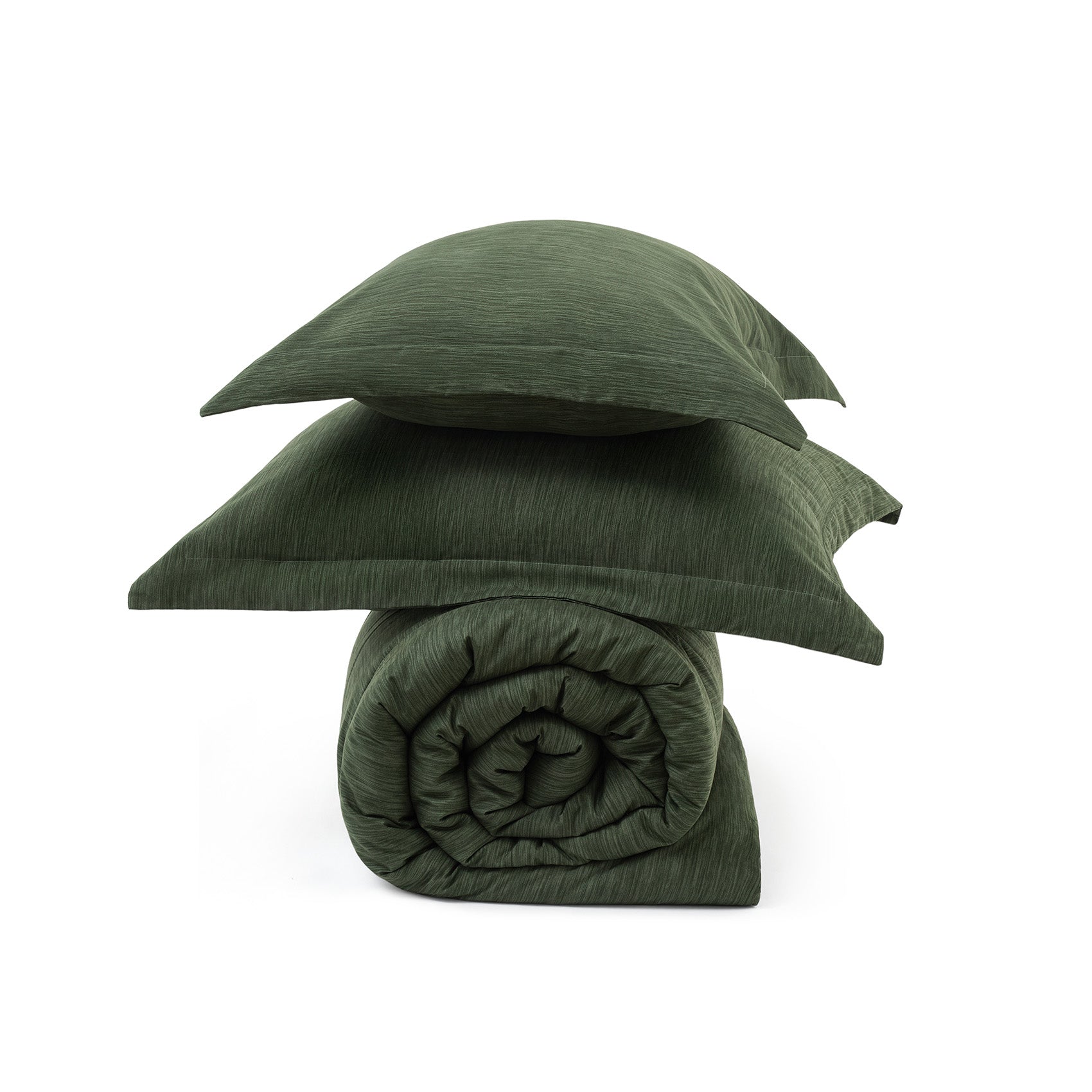 Dark green GentleSoft comforter set with two pillow shams, showcasing subtle linear texture from cationic dye.