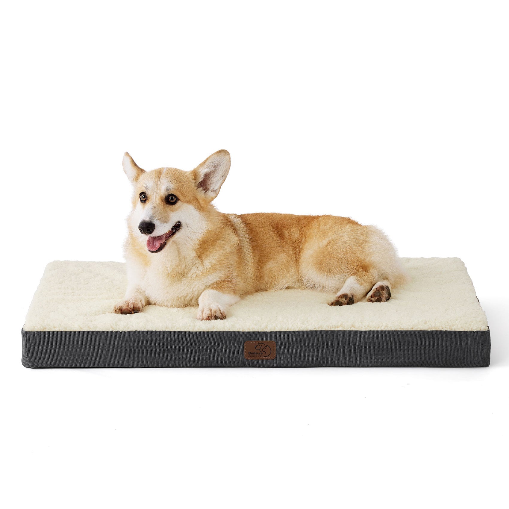 Large orthopedic dog bed with cream Sherpa top and gray corduroy base, featuring a Corgi dog relaxing comfortably.