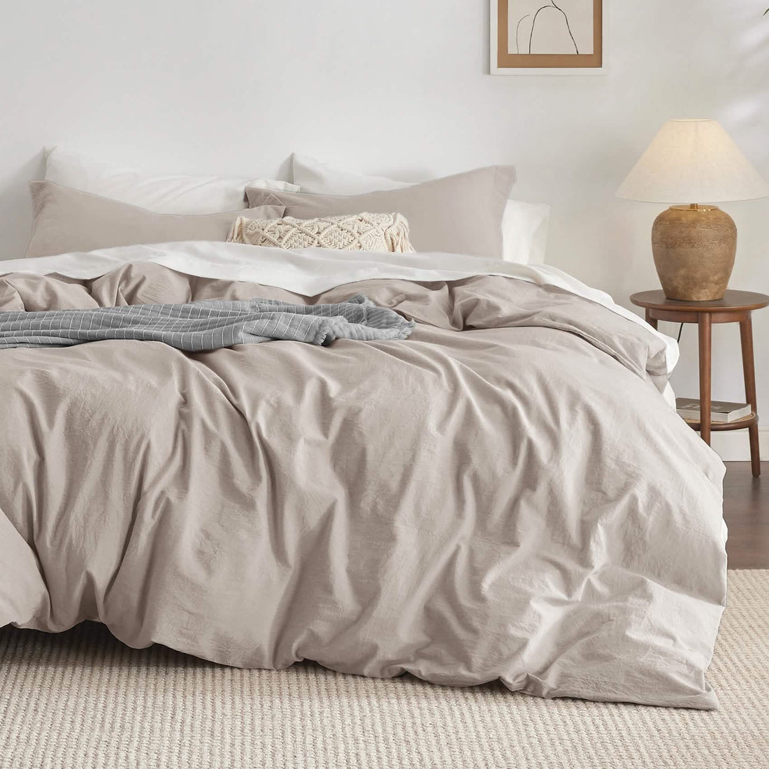 Taupe GentleSoft washed cotton duvet cover set with two pillow shams showcasing soft, lived-in texture on product page.