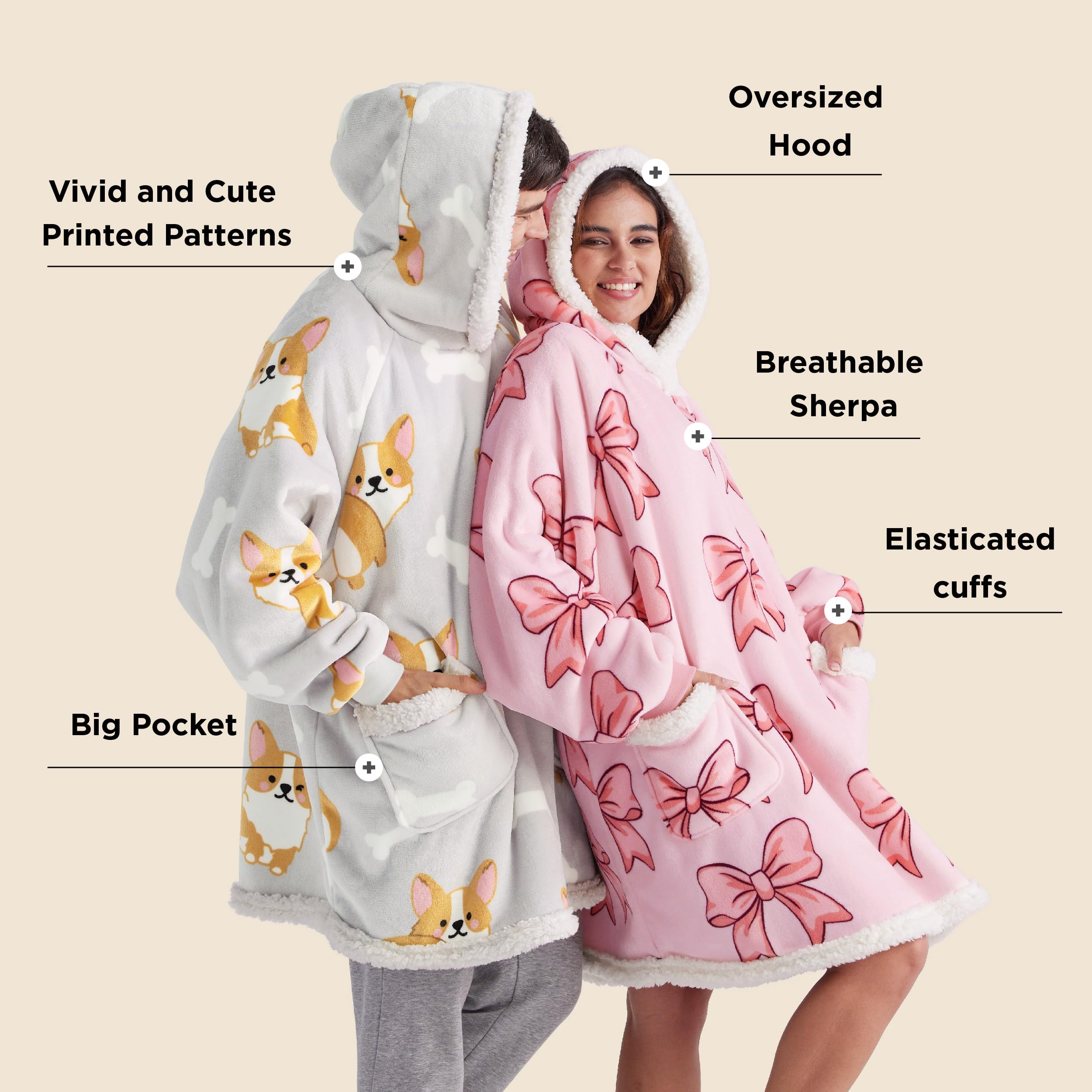 Sherpa Fleece Printed Short Blanket Hoodie