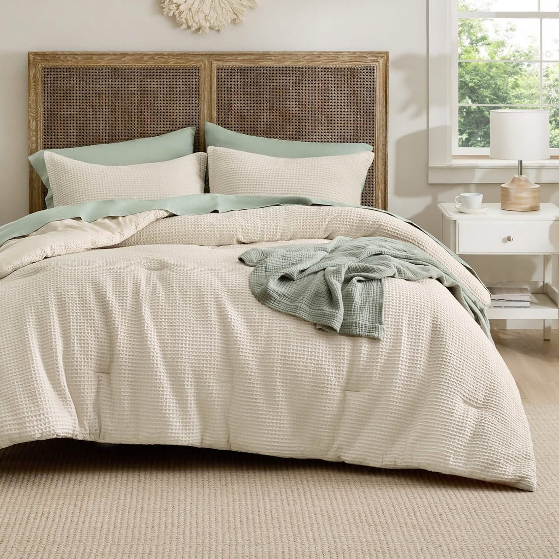 Cream GentleSoft cotton waffle weave comforter and stacked shams, highlighting texture.