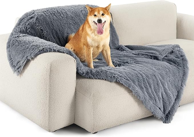 Dark grey shaggy waterproof pet blanket on cream sofa with happy Shiba Inu, showcasing plush texture and comfort.