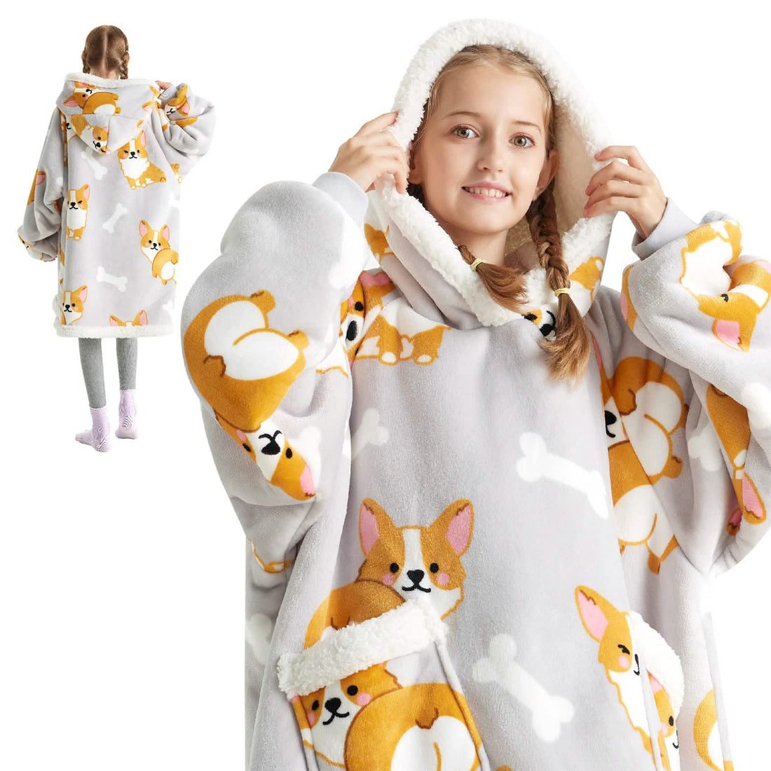 Gray GentleSoft Sherpa Fleece wearable blanket hoodie with corgi and bone print, featuring sherpa trim pockets.