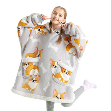 Gray GentleSoft Sherpa Fleece wearable blanket hoodie with corgi and bone print, featuring sherpa trim pockets.