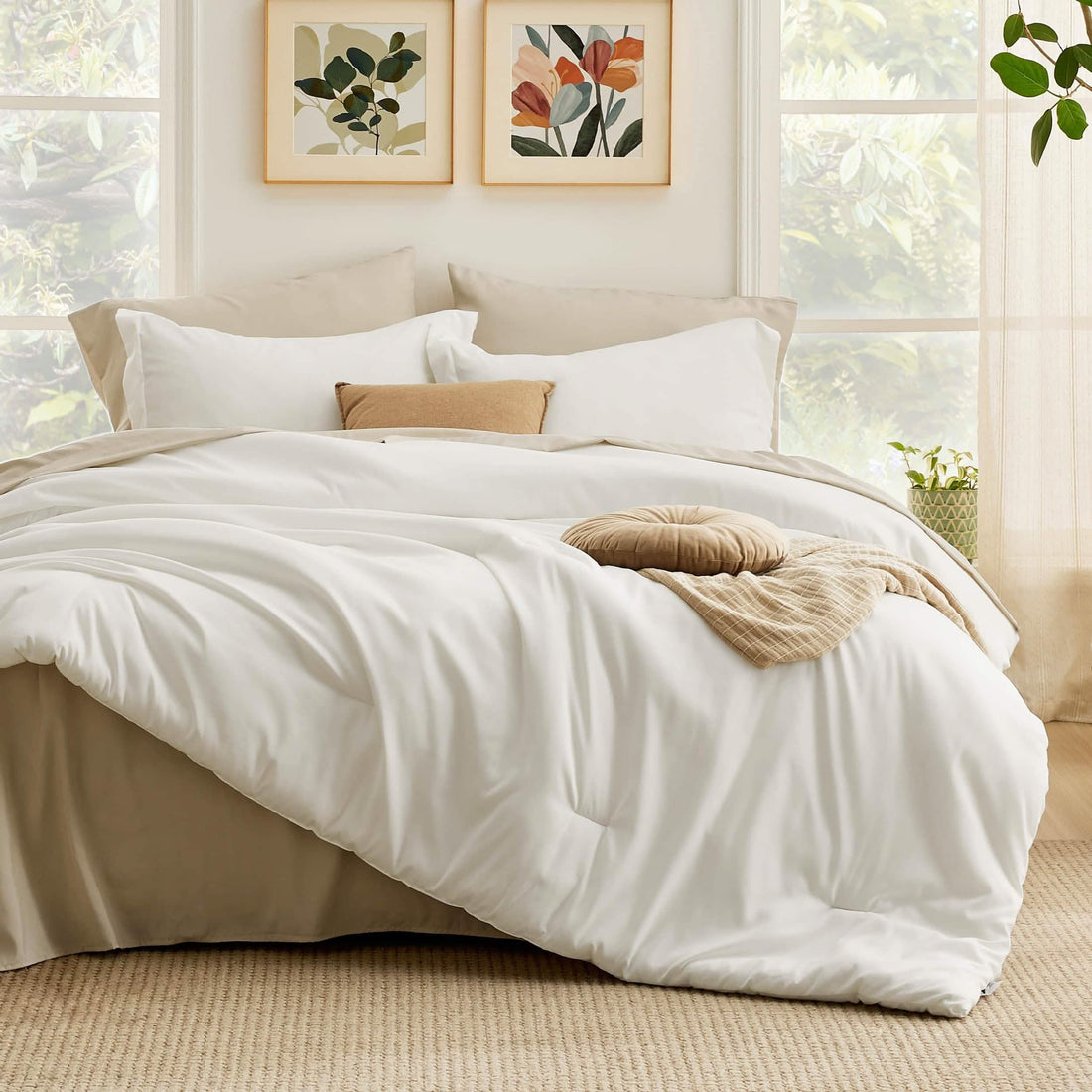 GentleSoft Dual-Tone Bed-in-a-Bag set with white comforter and khaki sheets styled on a bed.