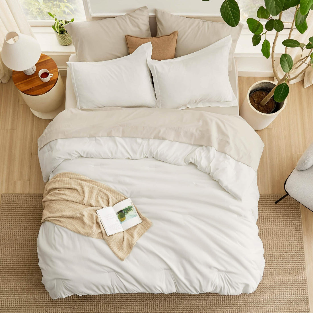 GentleSoft Dual-Tone Bed-in-a-Bag set with white comforter and khaki sheets styled on a bed.