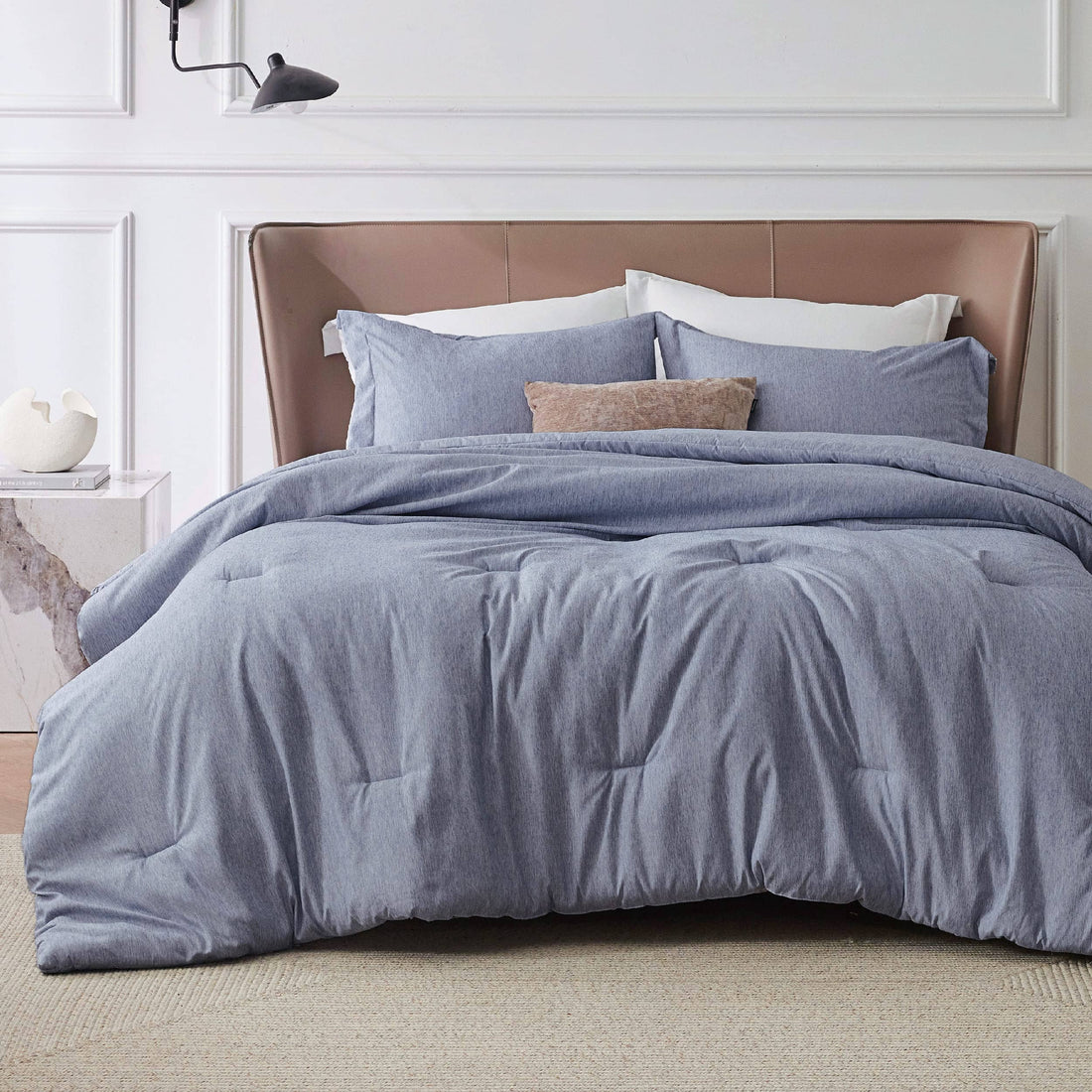 GentleSoft cationic dye comforter set in blue, featuring cloud-like softness and dual-tone elegance on a styled bed.
