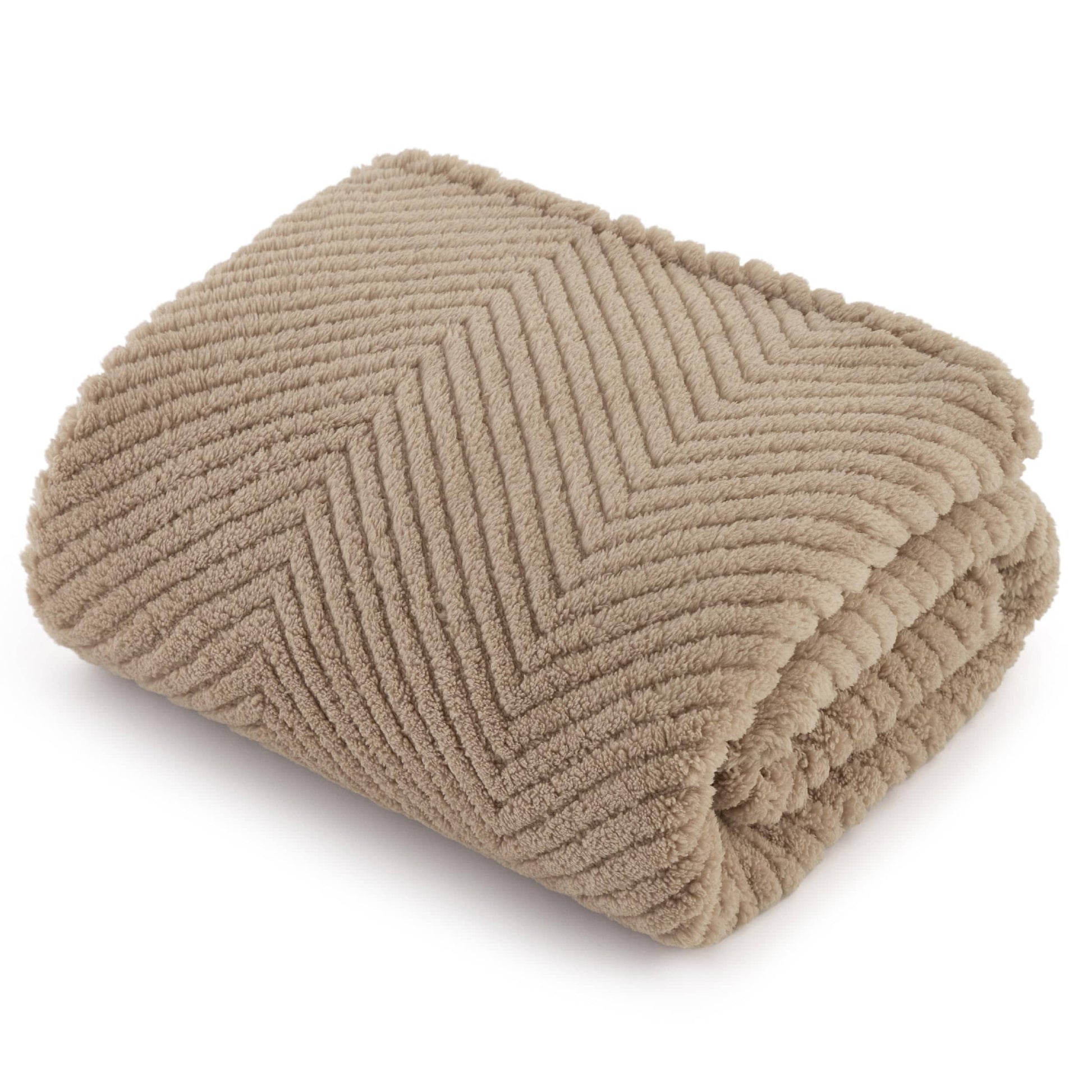 Beige jacquard fleece pet blanket folded, showcasing chevron pattern and soft texture for furniture protection.