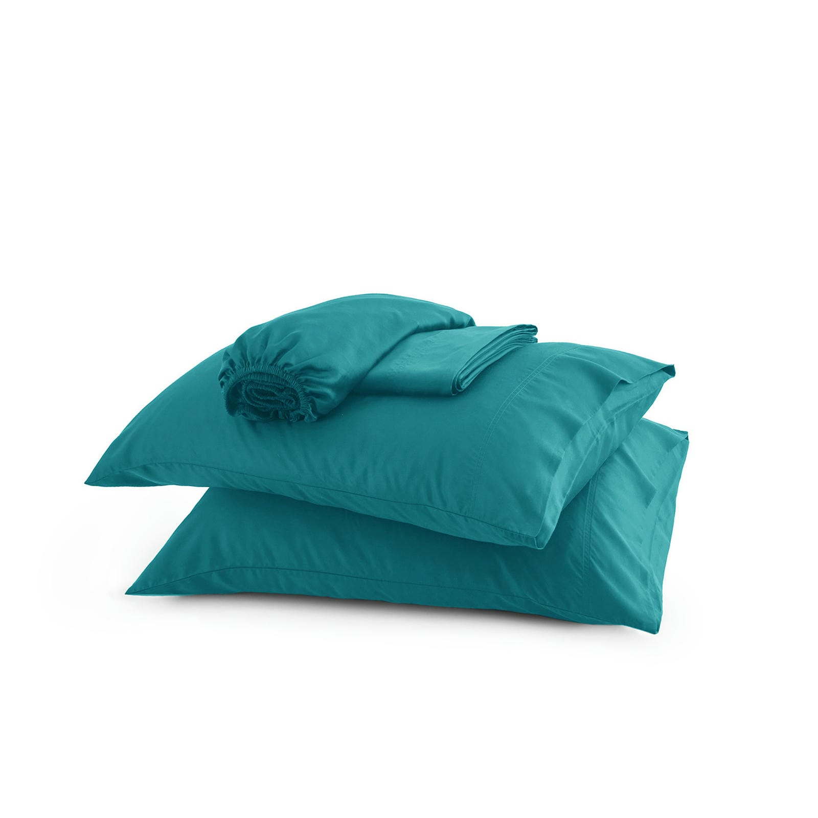 Teal blue GentleSoft bamboo sheet set with pillowcases, stacked to show smooth texture and drape.