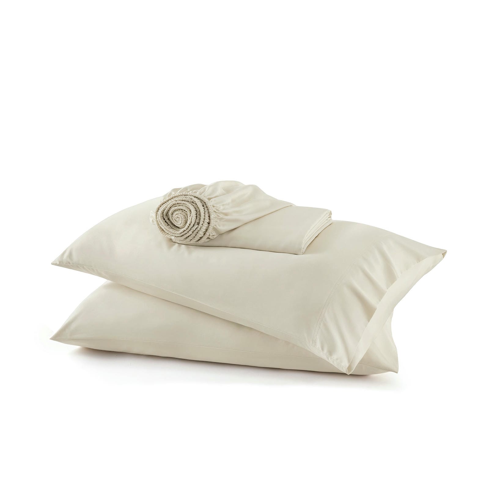 GentleSoft beige rayon from bamboo sheet set and pillowcases stacked, showing silky texture and smooth finish.