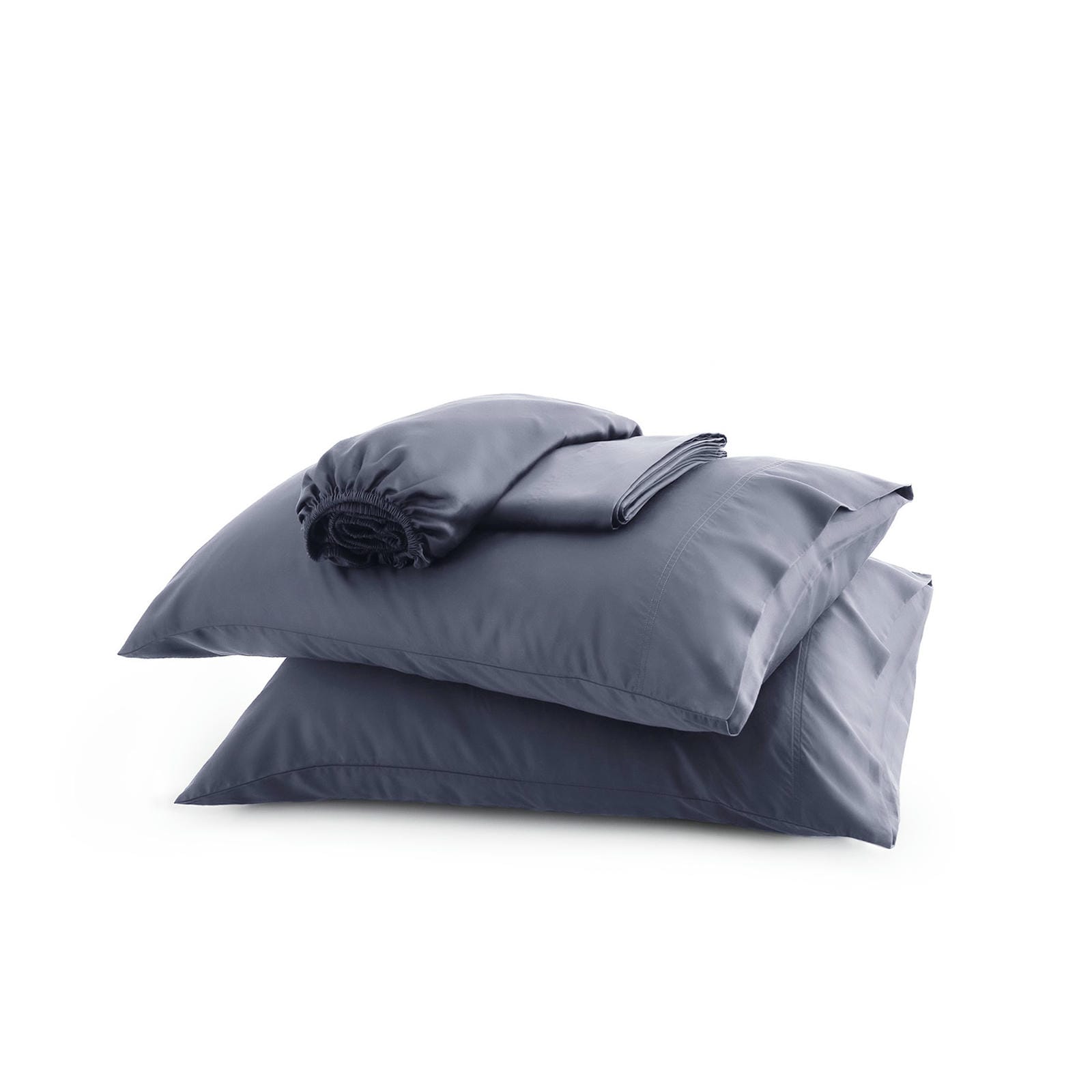 Dark gray rayon derived from bamboo sheet set including pillowcases and folded sheets.