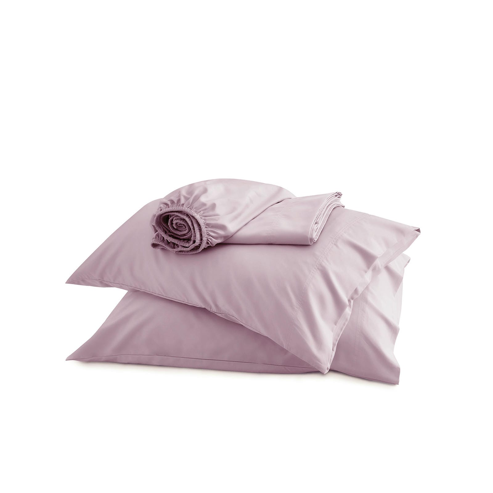 Stack of GentleSoft dusty rose rayon derived from bamboo pillowcases and fitted sheet, showcasing texture and smooth finish.
