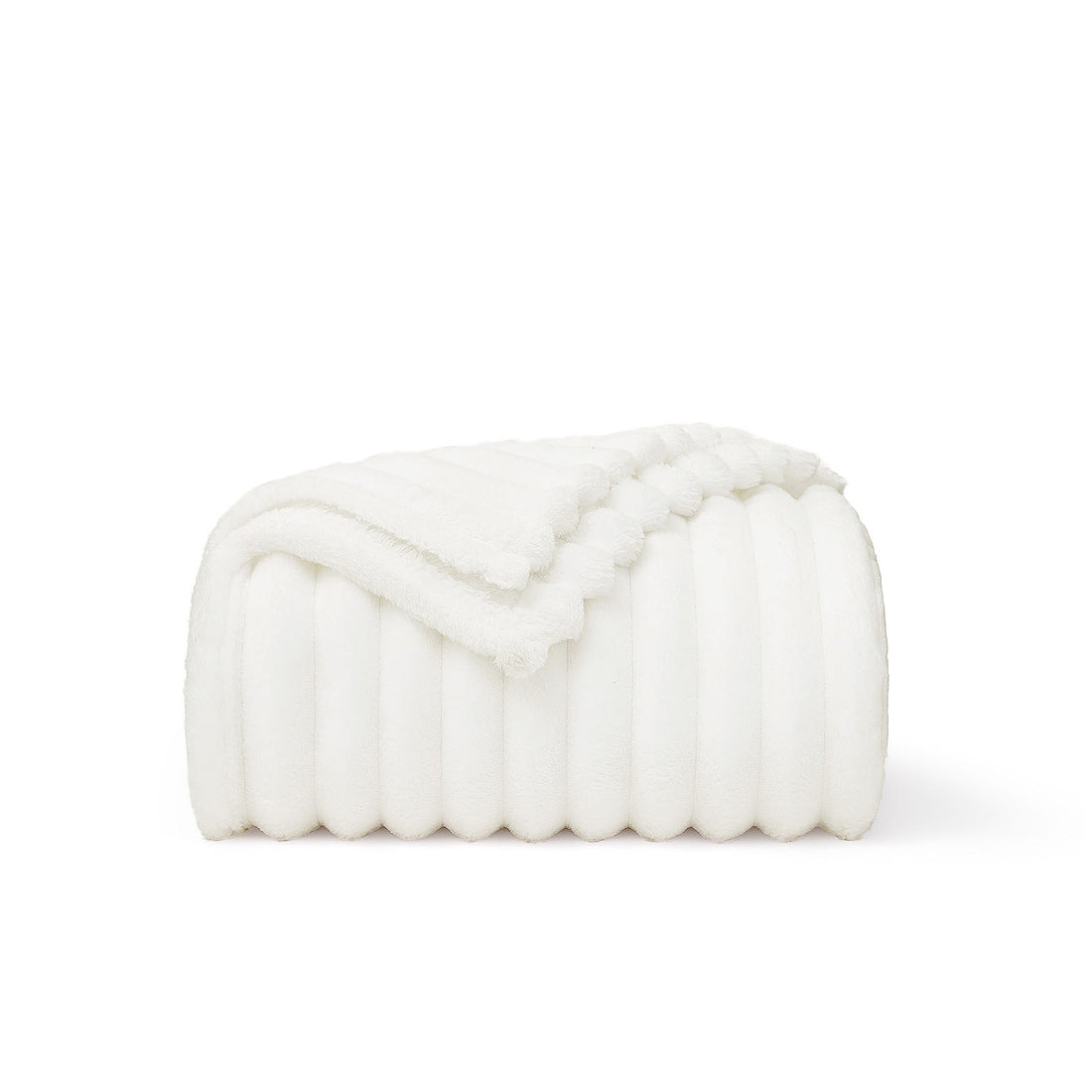 GentleSoft white polyester blanket folded, showing ribbed texture and scalloped edge. Cozy, soft, and lint-free.