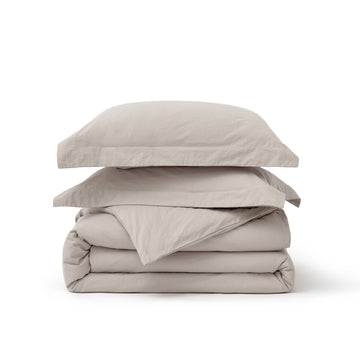 Taupe GentleSoft washed cotton duvet cover set with two pillow shams showcasing soft, lived-in texture on product page.
