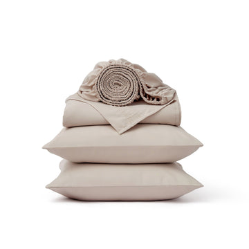 GentleSoft deep pocket sheet set includes two pillowcases, flat sheet, and fitted sheet in light beige brushed polyester.