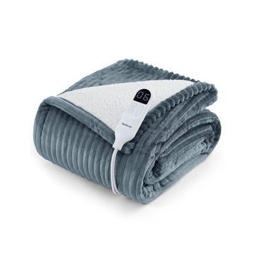 Gray ribbed GentleSoft heated blanket with white sherpa lining and controller displaying heat setting 06.